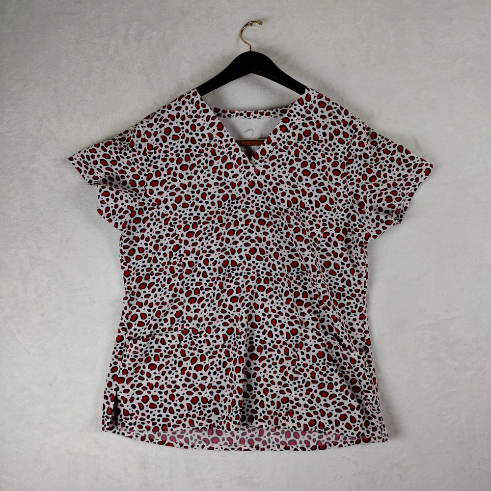 Maevn Women Red Black Leopard Print Scrub Top V-Neck Blouse 1767 Size Large